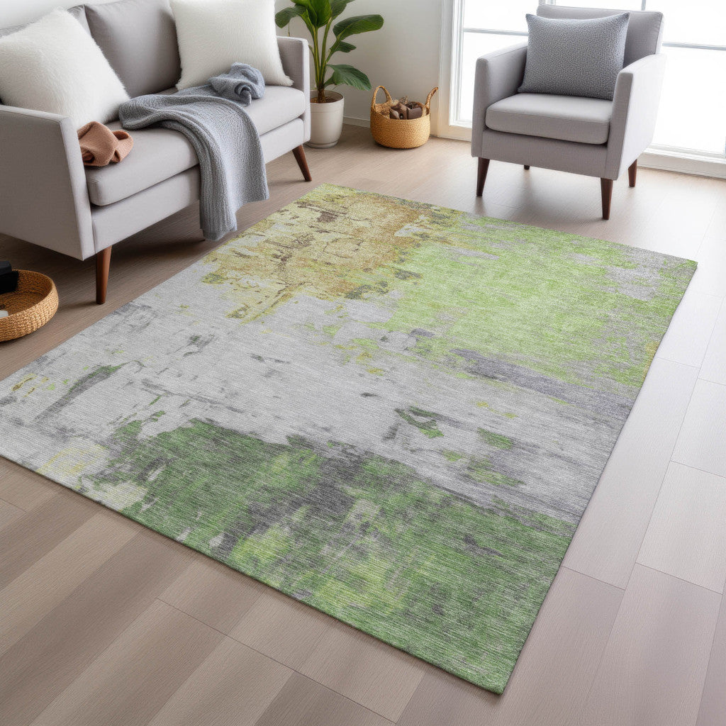 5' X 8' Artichoke Green And Gold Abstract Washable Indoor Outdoor Area Rug-6