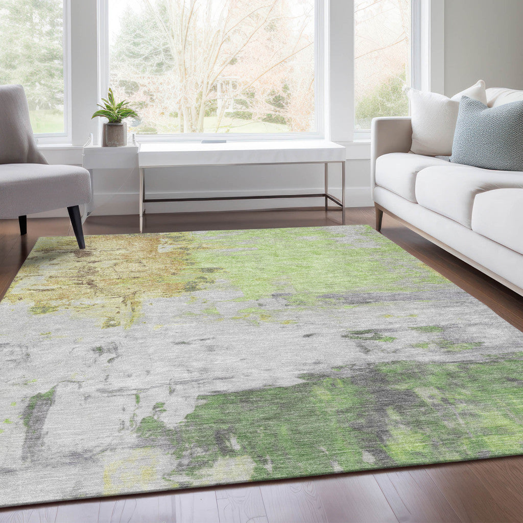 5' X 8' Artichoke Green And Gold Abstract Washable Indoor Outdoor Area Rug-7